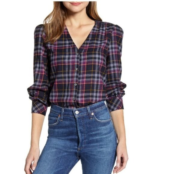 1.state Cotton Flannel Plaid V-Neck Top - Picture 1 of 5